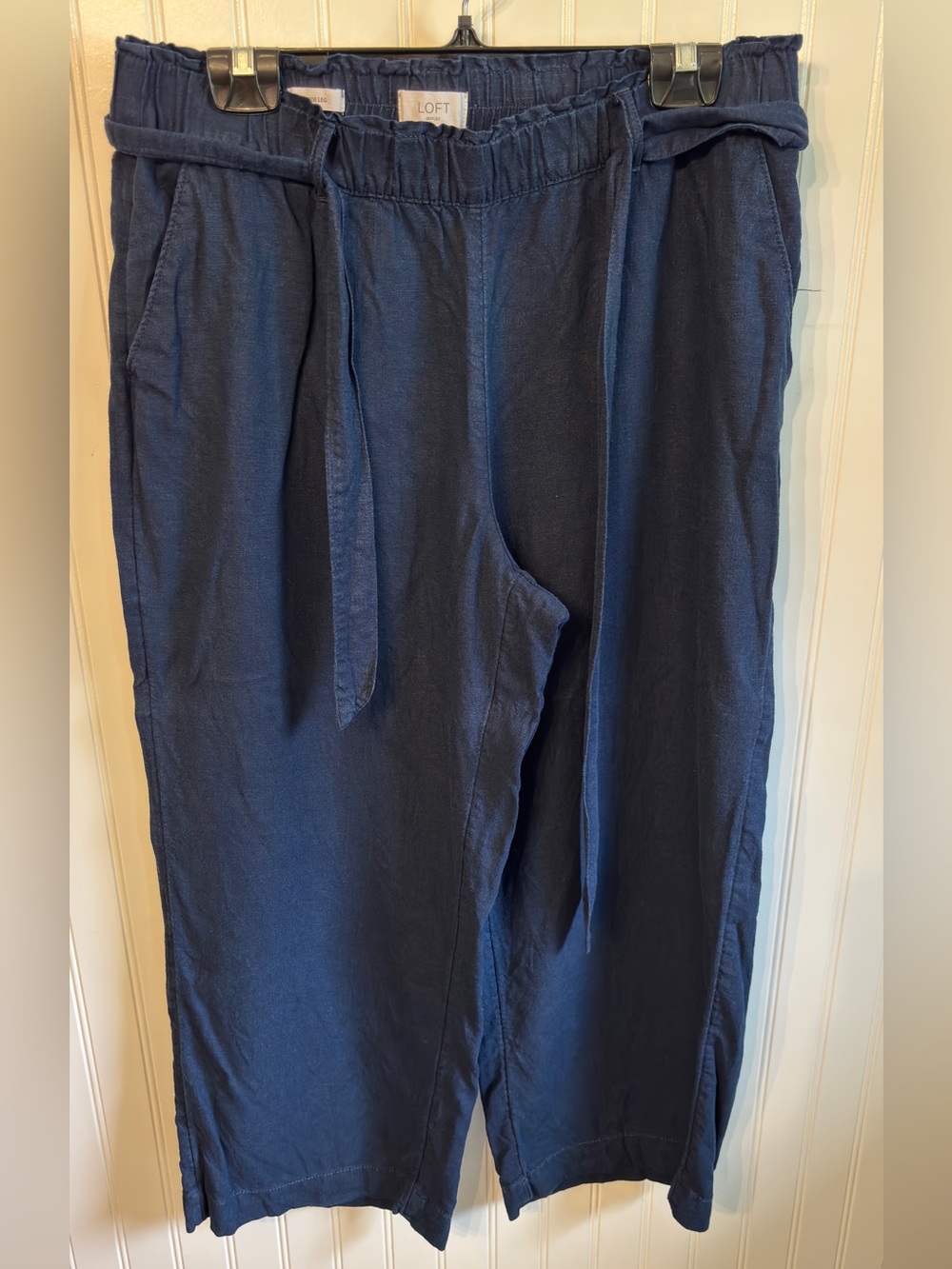 LOFT Navy Drawstring Linen Blend wide leg cropped pants